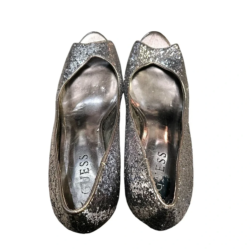 Guess Sparkling Silver Peep Toe Platform Heels Size 8